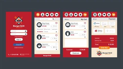 Restaurant Fast Food Mobile App Screen UX Design UI Web Stock Illustration