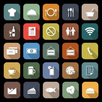 Restaurant flat icons with long shadow Stock Illustration