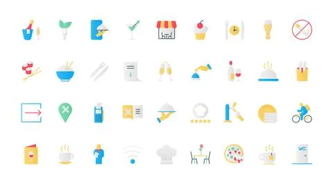 Restaurant flat icons set, serving breakfast, dinner, or coffee break, online Stock Illustration