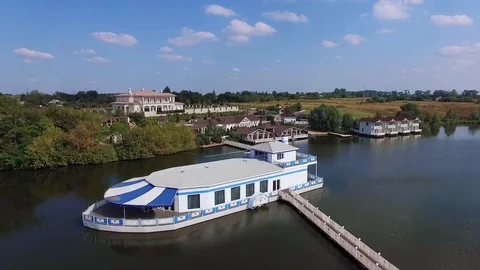 Restaurant in the form of a boat on the water Stock Footage 127921153