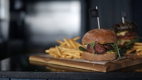 Restaurant French fries and Burger cooking food, meat, barbecue, grill Stock Footage 88009825