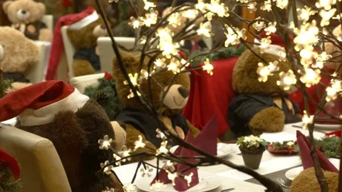 A restaurant full of teddy bears, imitating people during coronavirus closure Stock Footage 146117097
