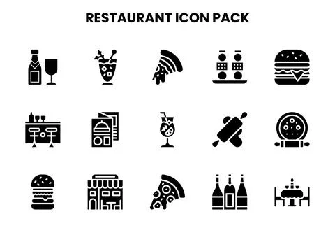 Restaurant Glyph Vector Icons Pack Stock Illustration