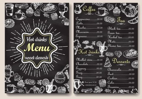 Restaurant hot drinks menu design with chalkboard background. Vector Stock Illustration