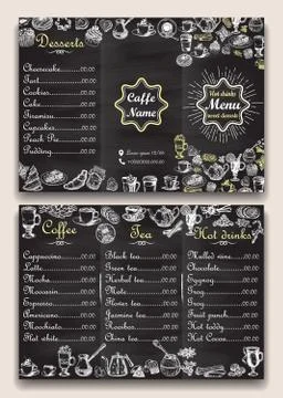 Restaurant hot drinks menu design with chalkboard background. Vector Illustrazione stock