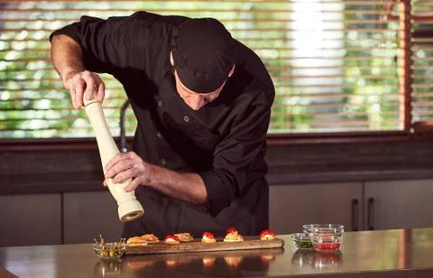 Restaurant hotel private chef preparing making canapes starters snacks Stock Photos