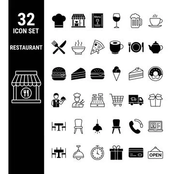 Restaurant icon set with 32 diverse symbols including food, service, and di.. Stock Illustration