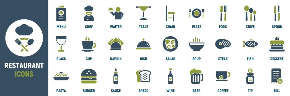 Restaurant icon set. Containing menu, chef, waiter 스톡 일러스트