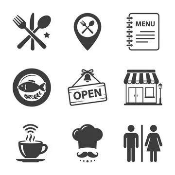 Restaurant icon set with cutlery, menu, open sign, chef hat, coffee cup, st.. イラスト素材