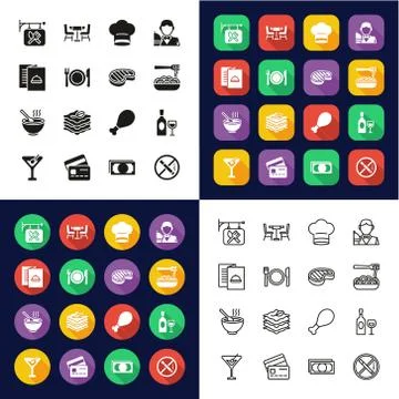 Restaurant Icons All in One Icons -Black &amp; White-Color Flat Design-Thin Line- Stock Illustration