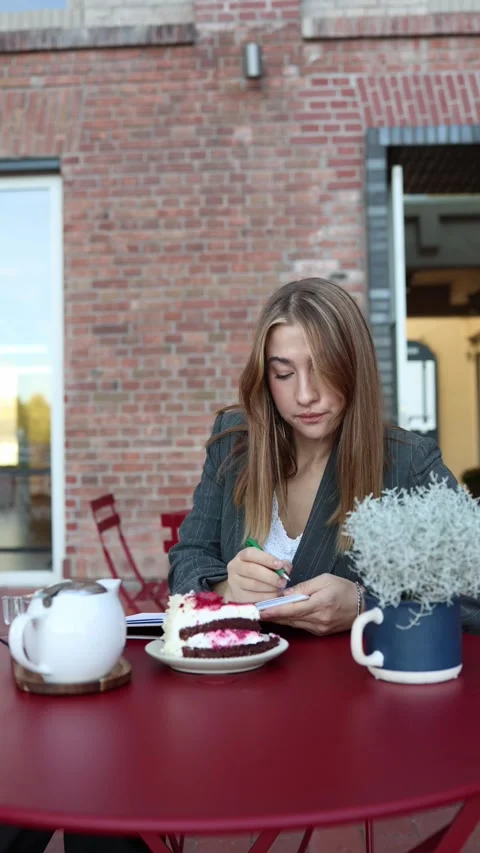 Restaurant inspector records detailed notes after tasting and evaluating cake Stock-Footage 344447291