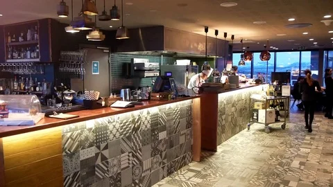 Restaurant Interior With Bar Stand And Staff Stock Footage 127537081