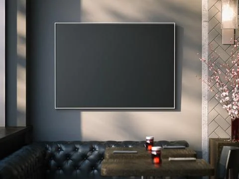 Restaurant interior with black canvas on a wall. 3d rendering 库存插图