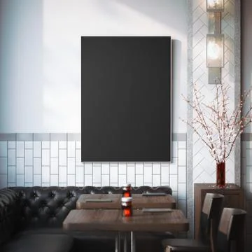 Restaurant interior with black canvas on a wall. 3d rendering Ilustración de archivo