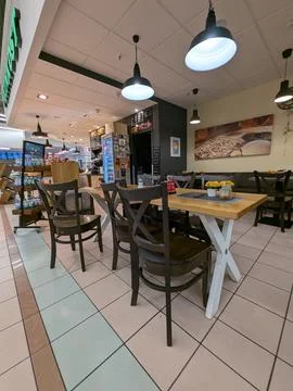Restaurant interior empty dining area, in commercial food service establish.. Stock Photos