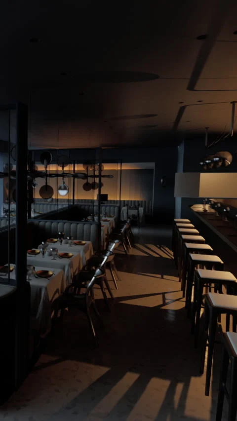 Restaurant interior with empty tables during evening time Stock Footage 338381102