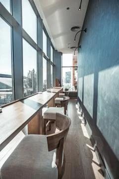 Restaurant interior with panoramic view. Fotos Stock