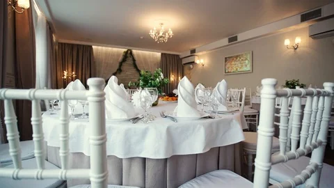 Restaurant interior ready for banquet Stock Footage 89840802