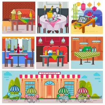 Restaurant interior vector cafe building and decor dining furniture table and Ilustración de archivo