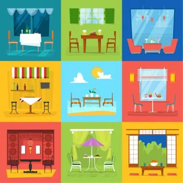 Restaurant interior vector cafe decor dining furniture table and chair for Stock Illustration