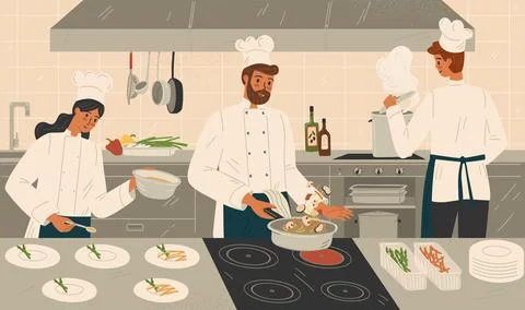 Restaurant kitchen with chef cook dish dinner, vector illustration. Restaurant Stock-Illustration