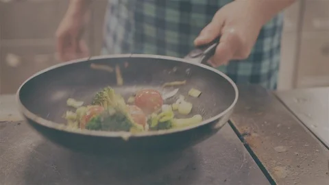 Restaurant Kitchen Chef Cooking In Rugged Frying Pan Stock Footage 118159551