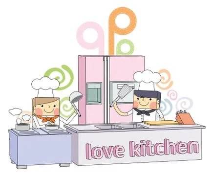 Restaurant kitchen chef line character illustration Stock Illustration