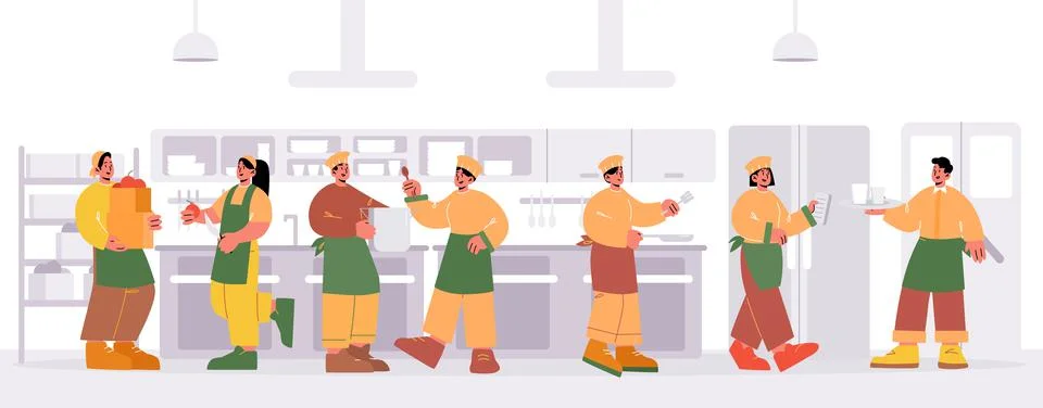 Restaurant kitchen with chef, workers and waiter Stock Illustration