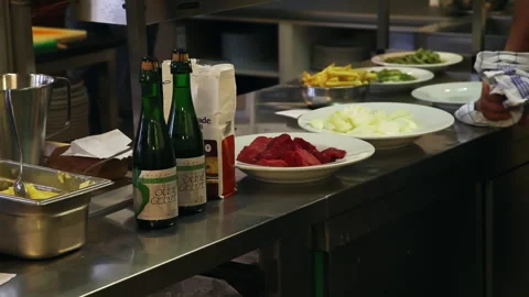 Restaurant Kitchen Counter Beer Bottles Prepared Ingredients Stock Footage 344527951