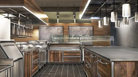 Restaurant kitchen interior with equipment. 3d illustration Illustrazione stock