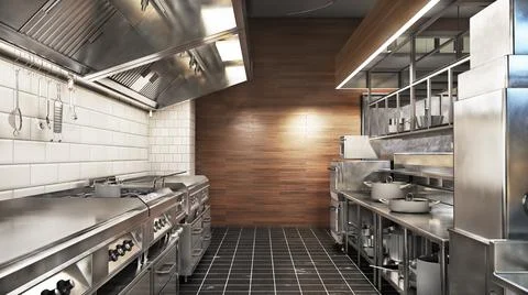 Restaurant kitchen interior with equipment. 3d illustration Stock Illustration