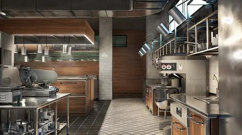 Restaurant kitchen interior with equipment. 3d illustration Stock Illustration