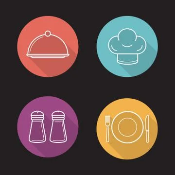 Restaurant kitchen items. Flat linear long shadow icons set Stock Illustration