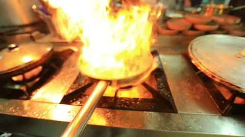 In the restaurant kitchens cooking on fire Stock Footage 52844286