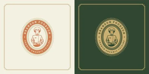 Restaurant label design vector illustration chef man holding salad dish sil.. Stock Illustration