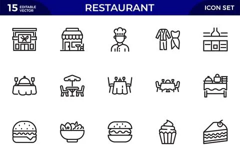 Restaurant line icon set. Cafe, bistro. Linear icon collection. Editable st.. Stock Illustration
