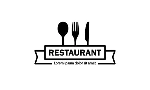 Restaurant logo in black. Spoon, fork and knife. Vector on isolated white Stock Illustration