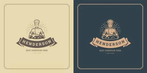 Restaurant logo design vector illustration chef man holding dish silhouette Stock Illustration