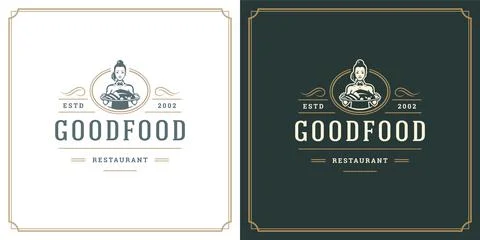Restaurant logo design vector illustration waitress holding dish plate silhou Illustrazione stock