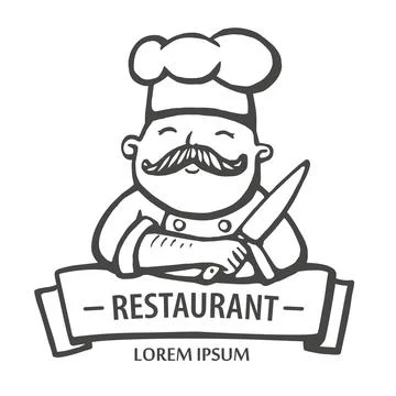 Restaurant logo. Hand drawn vector illustration of chief-cooker with a mustac Stock Illustration
