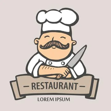 Restaurant logo. Hand drawn vector illustration of chief-cooker with a mustac Stock Illustration