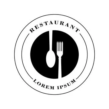 Restaurant logo with spoon and fork. Round icon. Vector clipart and drawing. Stock Illustration