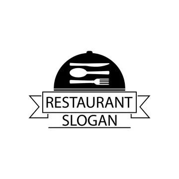 Restaurant logo with spoon, fork and knife. Black and white template.  Stock Illustration