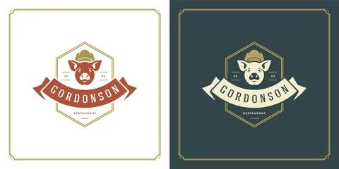 Restaurant logo template vector illustration pork head in chef hat symbol a.. Stock Illustration