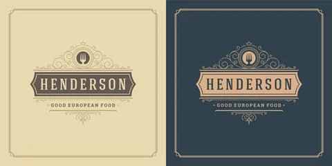 Restaurant logo template vector illustration fork symbol and ornament swirl.. Stock Illustration