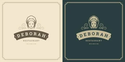 Restaurant logo template vector illustration woman chef head in cap symbol .. Stock Illustration