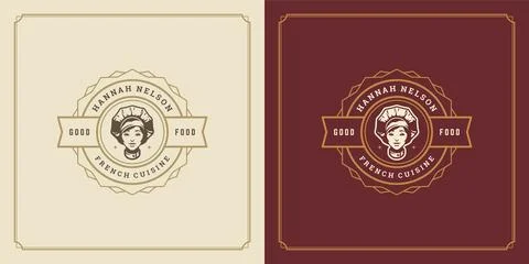 Restaurant logo template vector illustration female chef head in cap symbol.. Stock Illustration