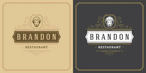 Restaurant logo template vector illustration chef man face in hat silhouette Stock Illustration
