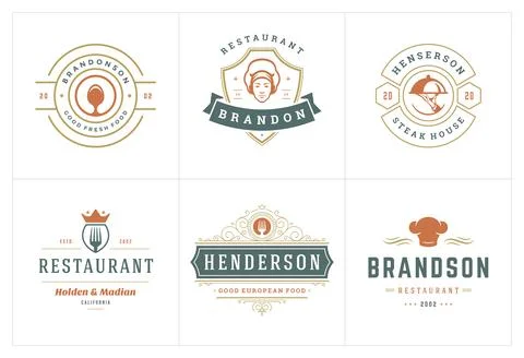Restaurant logos templates set vector illustration good for menu labels and.. Illustrazione stock