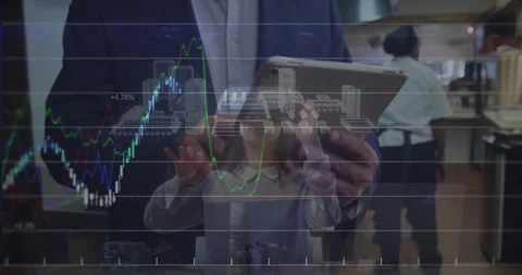 Restaurant manager tapping tablet showing 3D model and graph reviewing data, Stock Footage 309721236